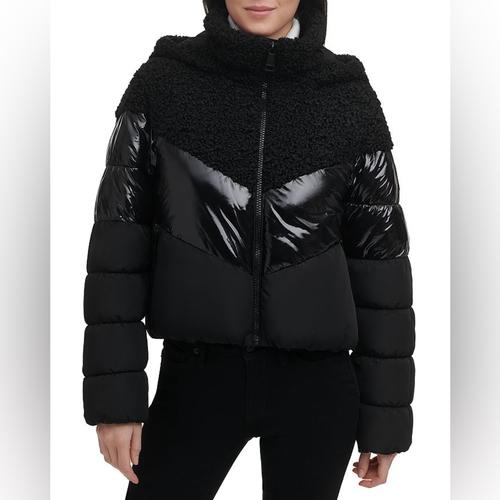 DKNY Mixed Media Teddy Black Hooded Puffer Coat in size Medium